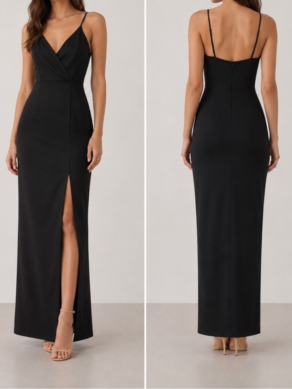 Keepsake Black V-Neck Slip Satin Formal Evening Gown Elegant Cutout Maxi Dress
